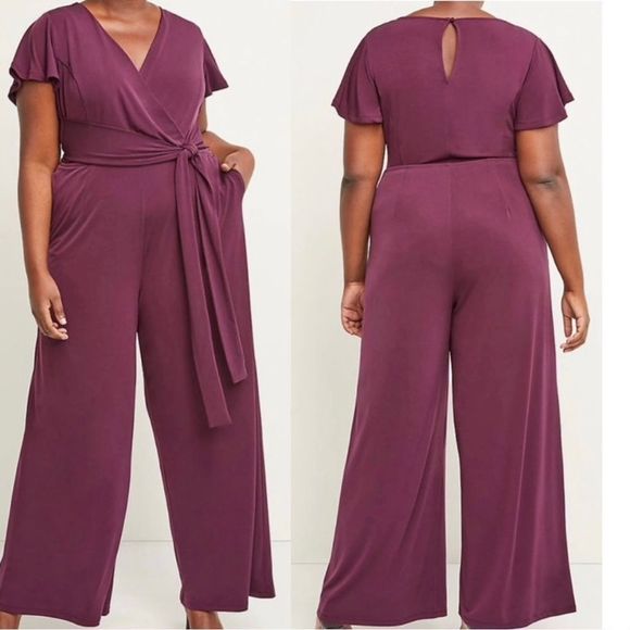 Lane Bryant Pants - New Lane Bryant Flutter Sleeve Wrap Plum Purple Wide Leg Jumpsuit 22 / 24